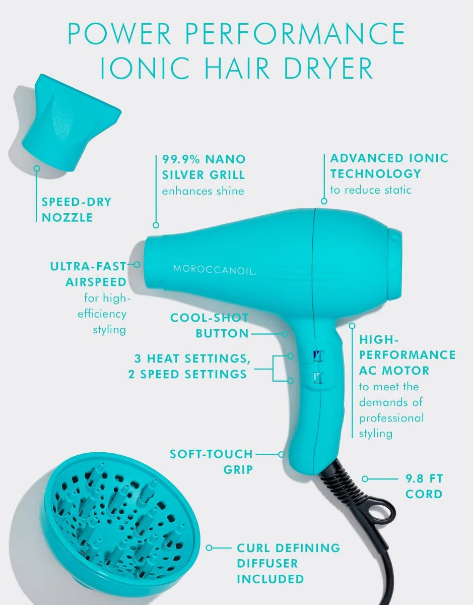Moroccanoil Power Performance Ionic Hair Dryer - Sušilec za lase moder - 2200W difuzor + nastavek